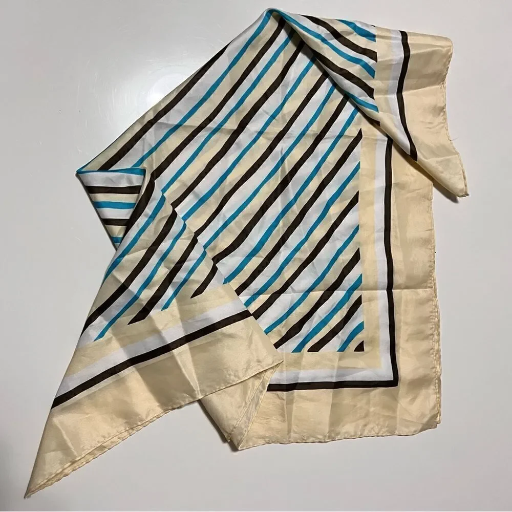 Mod Vintage 1960s Neutrals and Aqua Striped Scarf